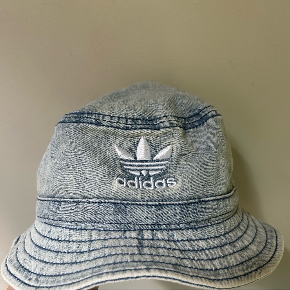 Adidas ~ Light Stonewash Cotton White Logo Bucket Hat